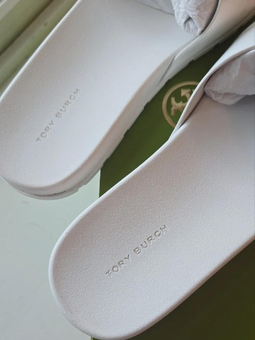 Tory Burch White Slide Sandals with Gold Logo Accent